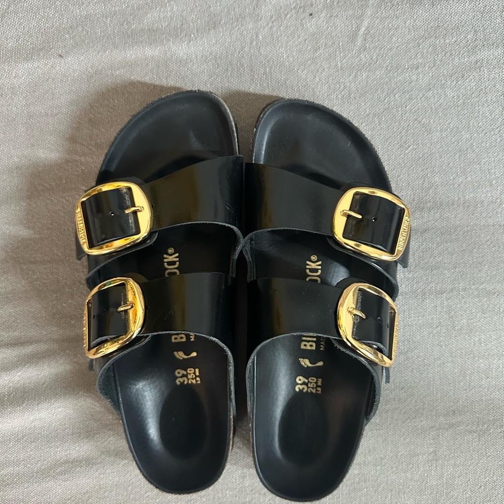 Birkenstock Sandals- Arizona Big Buckle High Shine Black, size 39